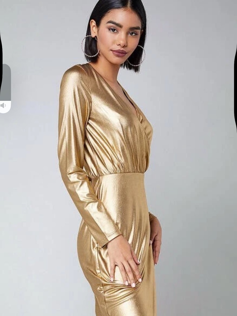 bebe Metallic Gold Wrap-Front Long Sleeve Midi Dress - Picture 2 of 9
